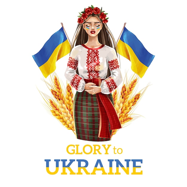 Вектор Украинка в национальной одежде с пшеницей и флагами