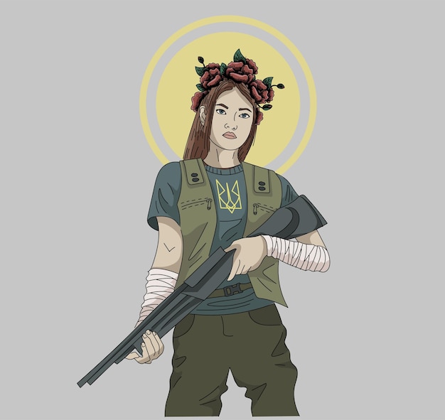 Vector ukrainian woman soldier with a machine gun wearing poppy wreath