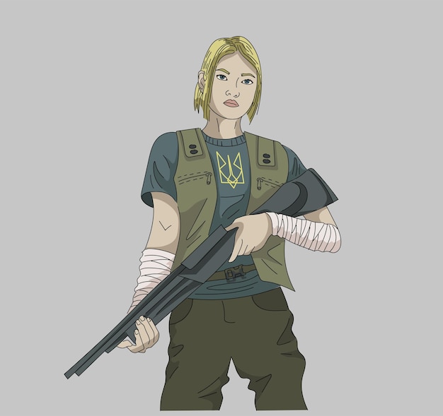 Vector ukrainian young soldier girl with a gun