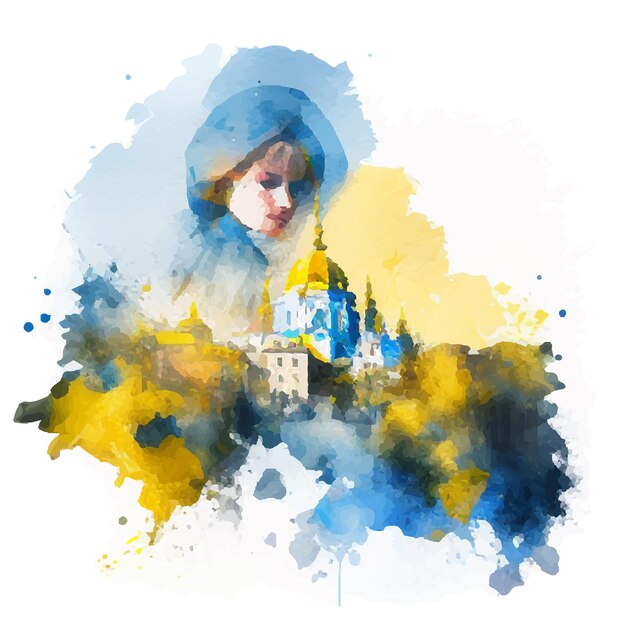 Vector ukraininian girl in yellow and blue watercolor.