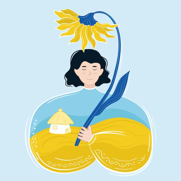 Vector ukranian woman with house and sunflower in ukraine in heart
