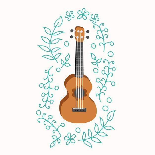 Ukulele en tropische bladeren hand getekende illustratie