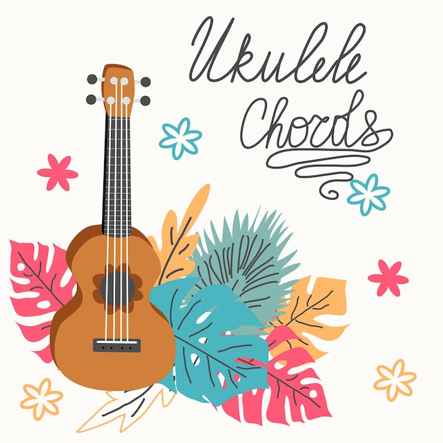 Ukulele and tropical leafs hand drawn illustration