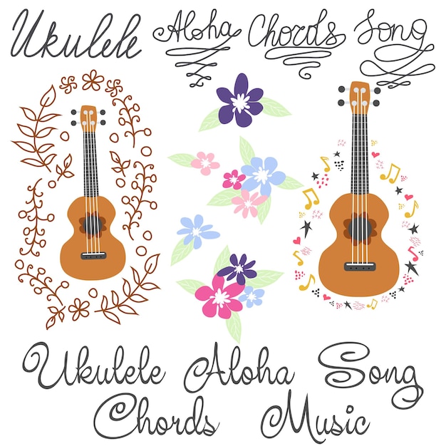 Ukulele ukulele set with monstera leaves flowers notes inscriptions