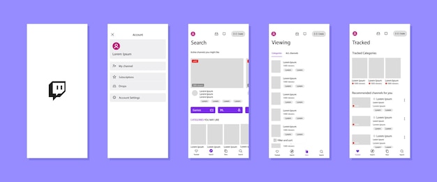 Ulraine Osiy 03122022 Twitch mobile interface Twitch screen social media streaming platform interface template Homepage search tracked subscription viewing profile Glassmorphism Editorial