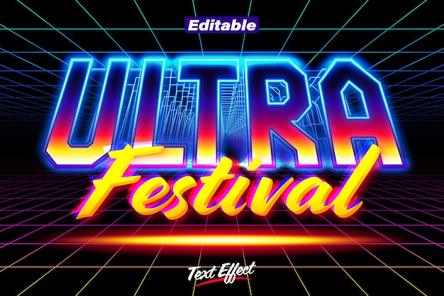 Vector ultra festival music neon futuristic glitch text effect