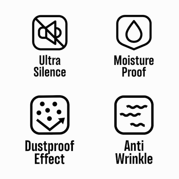 Ultra Silence, Moisture Proof, Dustproof Effect, Anti Wrinkle vector information signs