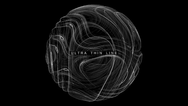 Ultra thin line fluid geometry Dynamic vector distorted spheres Digital fractal 3d swirl Futuristic sound or data waveform Chaotic particle wave motion trails