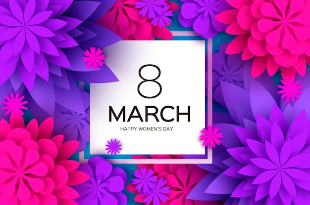 Fiore di carta rosa ultra violetto. 8 marzo. cartolina d'auguri di womens day. origami bouquet floreale. cornice quadrata. testo.