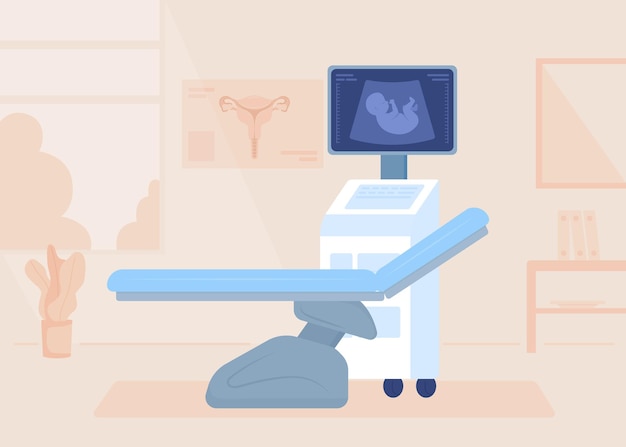 Вектор Ультразвуковой сканер в гинекологическом кабинете с плоской цветовой векторной иллюстрацией