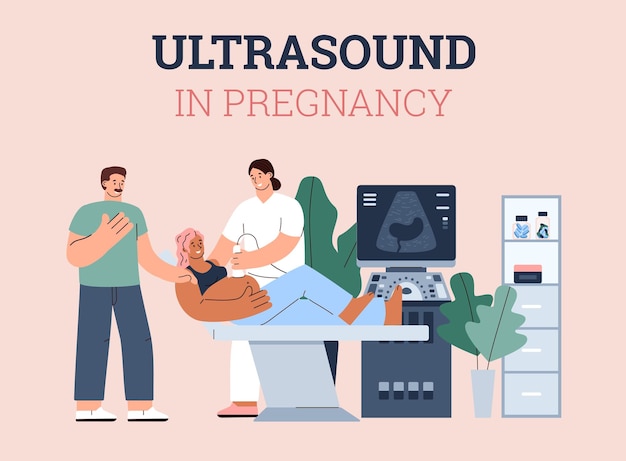 Ultrasound checkup in pregnancy banner flat vector illustration isolated