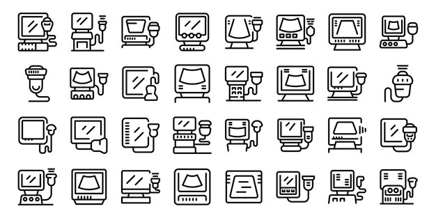 Vector ultrasound machine icons set outline vector probe transducer medical doctor equipment