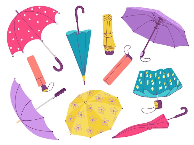 傘コレクション 装飾付きの開いた折りたたみ傘ヴィンテージ雨天用アクセサリー季節ツール雨のイラストから保護するために開いた傘の漫画の秋のベクトルのファッション要素