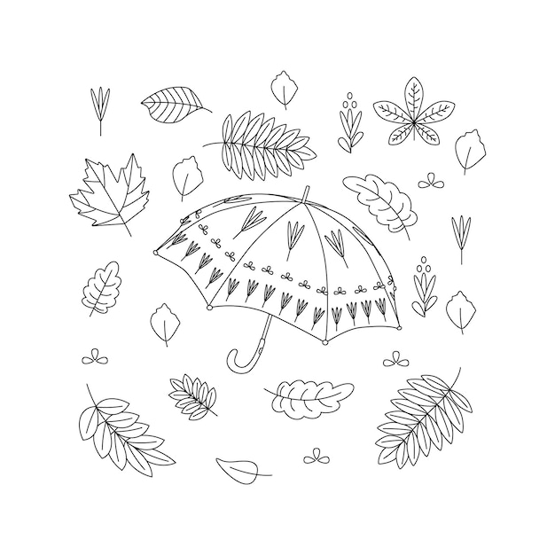 Vector umbrella, leaves. hello autumn. autumn season element, icon. flat vector illustration isolated on white background. line art.