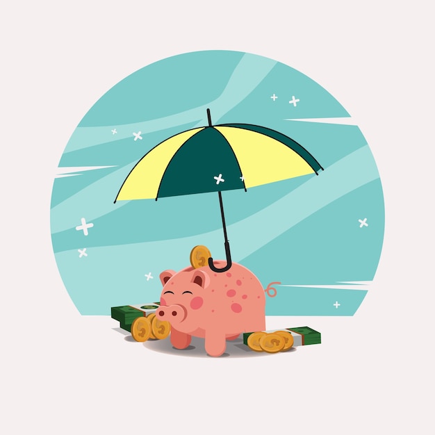 Umbrella piggy bank and money financial protection concept illustration