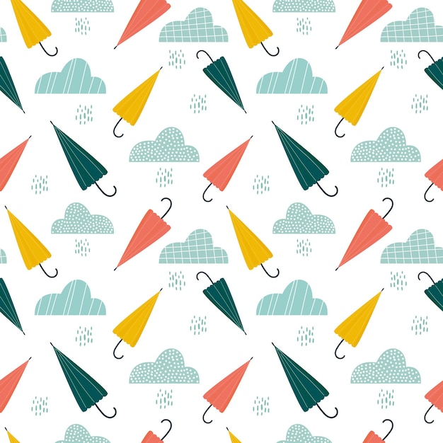 Umbrella rain pattern. Seamless background with cute accessories and raindrops. Stylized clouds. Children's print. Vector illustration, hand drawn