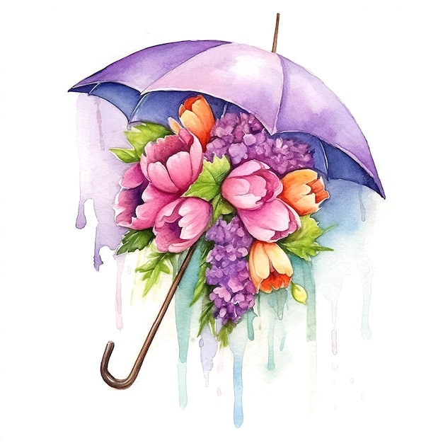 Umbrella with flowers watercolor paint