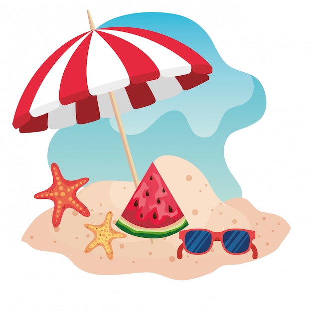Umbrella with watermelon fruit and sunglasses with starfishes