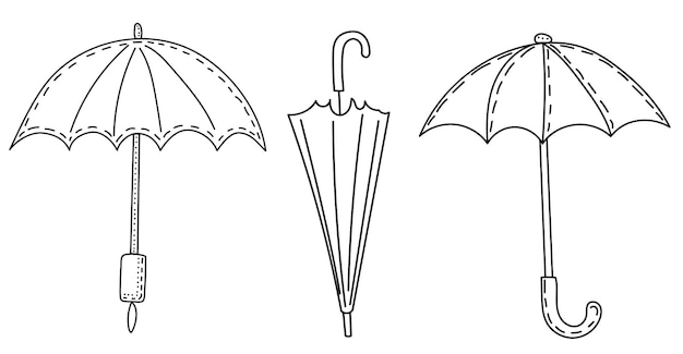 Vector umbrellas doodle outline sketch on white background