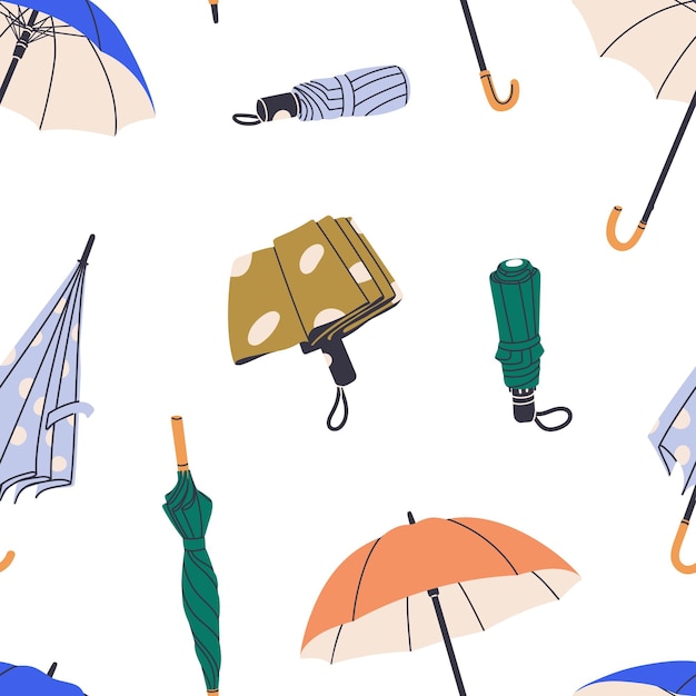 Vettore ombrelli senza cuciture sfondo infinito accessori per il tempo piovoso aperti e chiusi ripetendo il design della trama di stampa per l'avvolgimento del tessuto illustrazione vettoriale piatta ripetibile stampabile