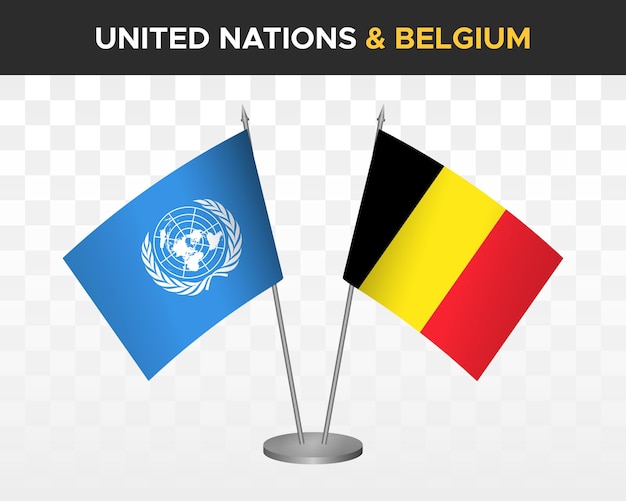 UN United Nations vs Belgium desk flags mockup isolated 3d vector illustration table flags