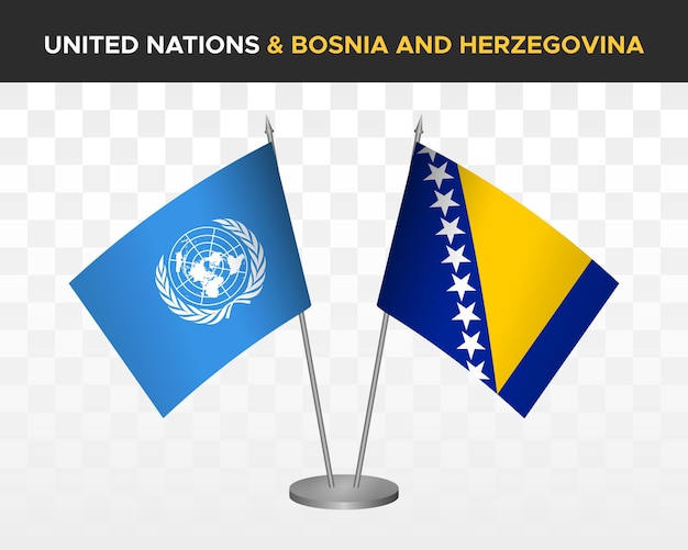 Макет флагов стола ООН Организация Объединенных Наций против Боснии и Герцеговины изолированный трехмерный векторный иллюстрационный флаг стола