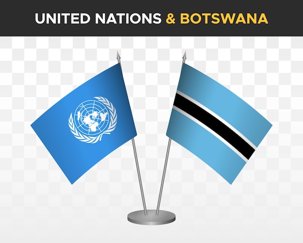 Vettore onu nazioni unite vs botswana desk flag mockup isolato 3d illustrazione vettoriale bandiere da tavolo