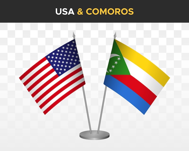 UN United Nations vs Comoros desk flags mockup isolated 3d vector illustration table flags