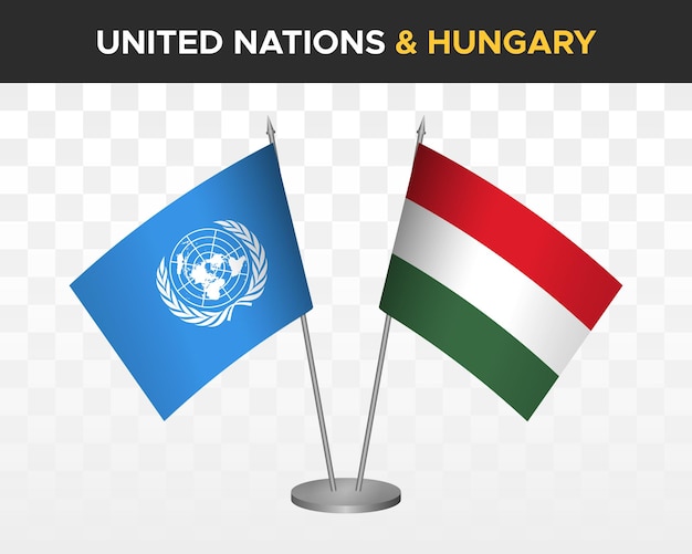 UN United Nations vs Hungary desk flags mockup isolated 3d vector illustration table flags