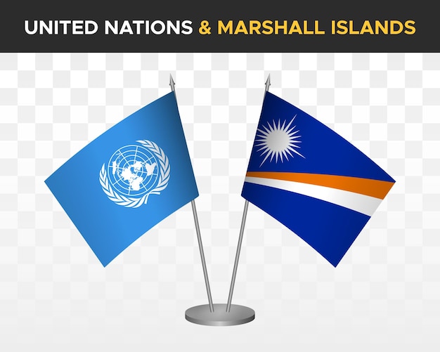 UN United Nations vs Marshall Islands desk flags mockup isolated 3d vector illustration table flags