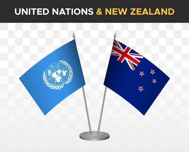 Макет флагов рабочего стола ООН Организация Объединенных Наций против Новой Зеландии изолированные 3d векторные иллюстрации флаги стола