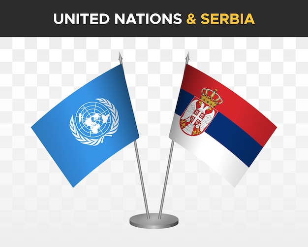 UN United Nations vs Serbia desk flags mockup isolated 3d vector illustration table flags