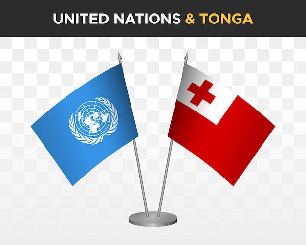 UN United Nations vs Tonga desk flags mockup isolated 3d vector illustration table flags