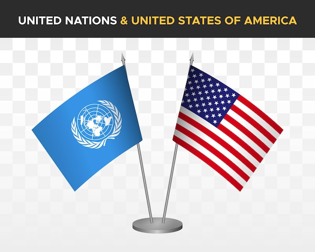 UN United Nations vs USA United States America desk flags mockup 3d vector illustration table flags