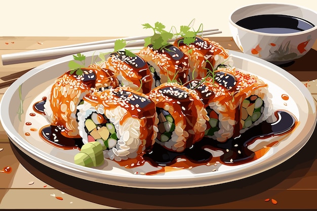 Vector unagi sushi rolls sushi with eel cream cheese and avocado sprinkled with white and black sesame