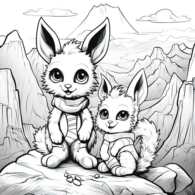 Vector uncolored coloring book lemur and fluffy bunny sitting in tall mountains