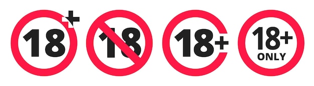 Младше 18 запрещенных круглый значок знак векторные иллюстрации набор