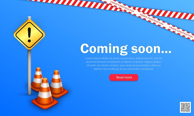 Строящаяся страница веб-сайта с 3d оранжевыми дорожными конусами, полосатой баррикадной лентой и дорожным знаком