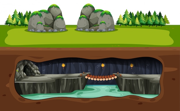 Vector underground cave and bridge