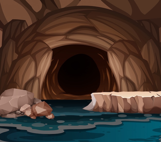 Vector underground cavern with lake