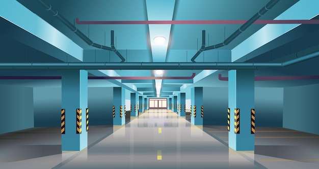 Vector underground parking without cars basement garage interior with markings and columns