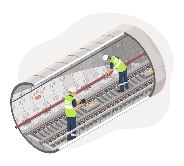 地下鉄のエンジニア インスペクターが地下鉄の建設を検査 橋の保守をアイソメトリックに