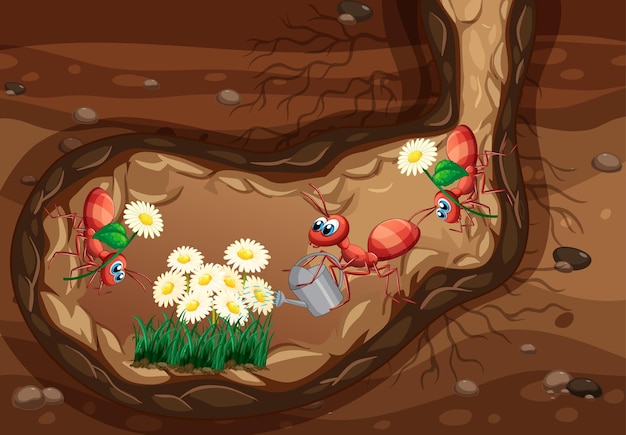 Underground scene with ants planting flowers