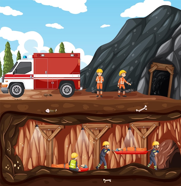 Вектор Подземная сцена со спасением пожарных в мультяшном стиле
