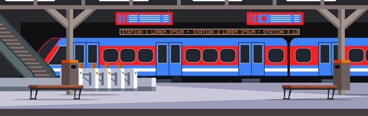 Vector underground station illustration ticket gate arriving tram train stopping at platform public transportation city subway
