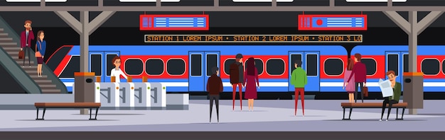 Underground station woman standing near ticket gate waiting commuter cartoon character Arriving tram train stopping at platform public transportation city subway