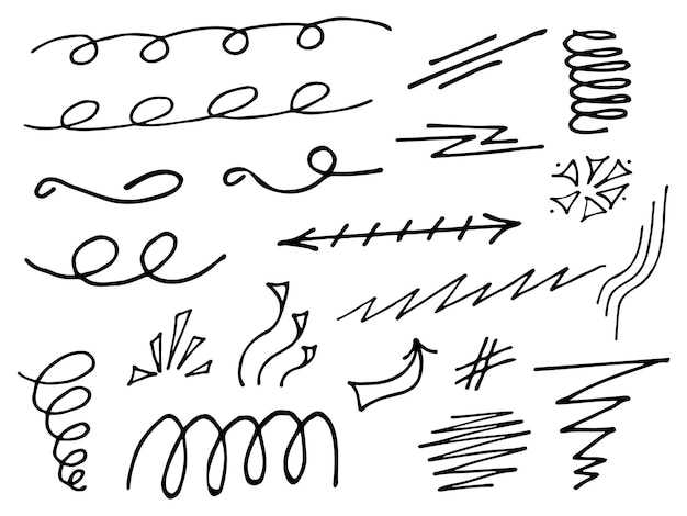 Underlines and curly lines doodle set isolated on white background