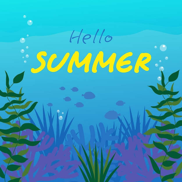 Подводный ландшафтный фон Знак "Hello Summer" Морское дно с водными растениями