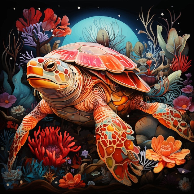 Vector undersea life brightly colored underwater scene with turtle and corals and fish generative ai