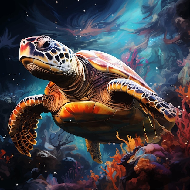 Vettore vita sottomarina scena sottomarina dai colori vivaci con tartarughe e coralli e pesci generativi ai